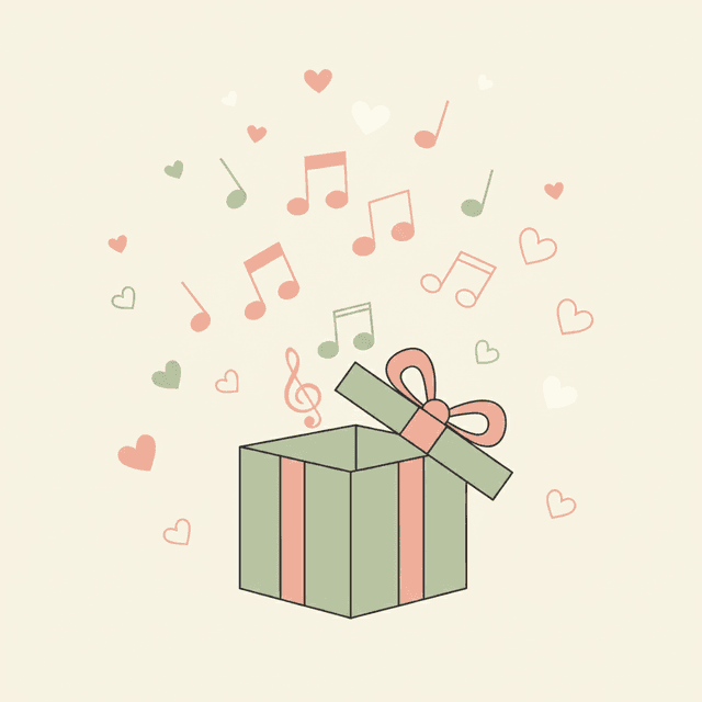 A gift box with musical notes and hearts floating out